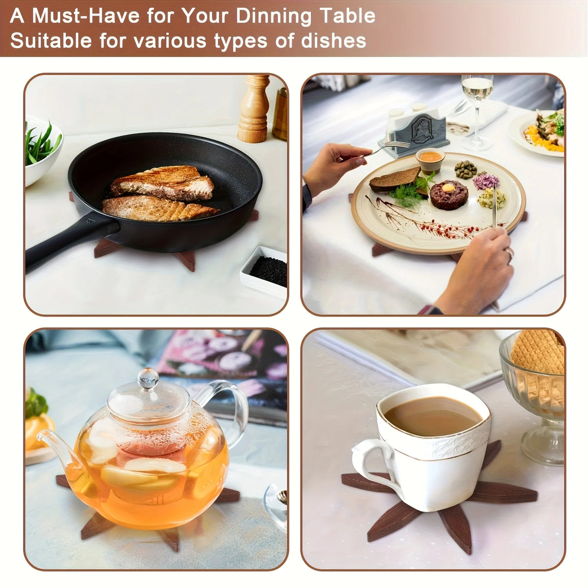 A set of natural wooden coasters used for various dishes and drinks.