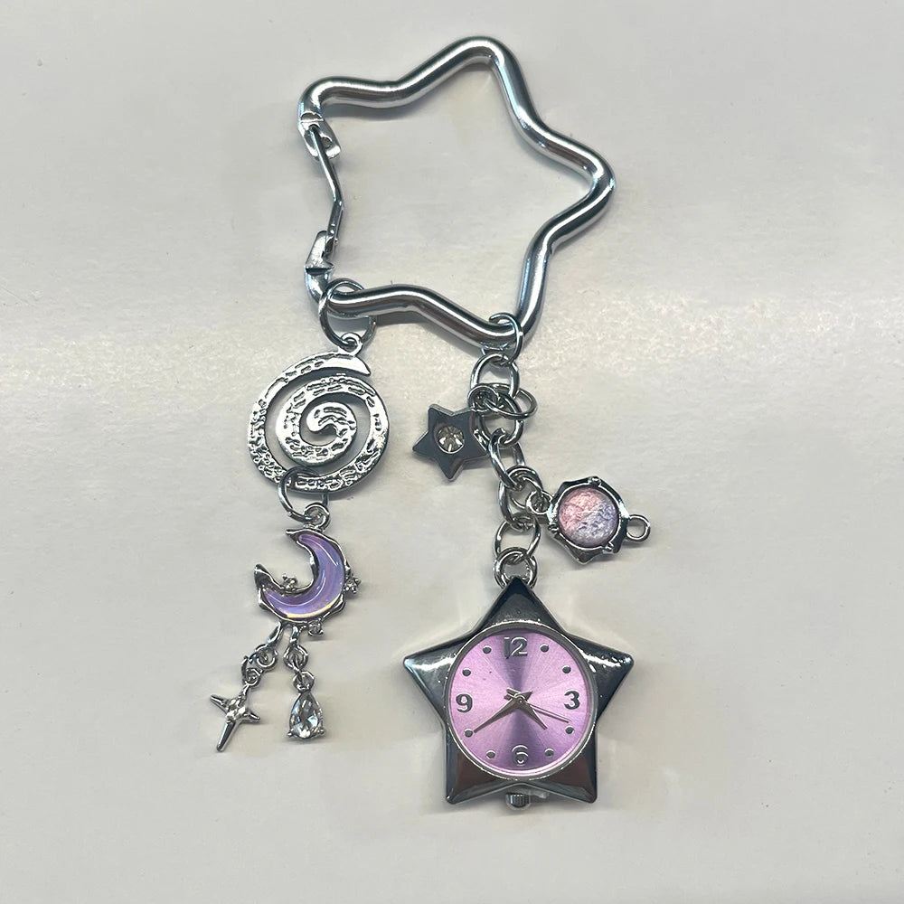 Silver adjustable star-shaped pocket watch keychain featuring a purple moon and a pink-colored clock face