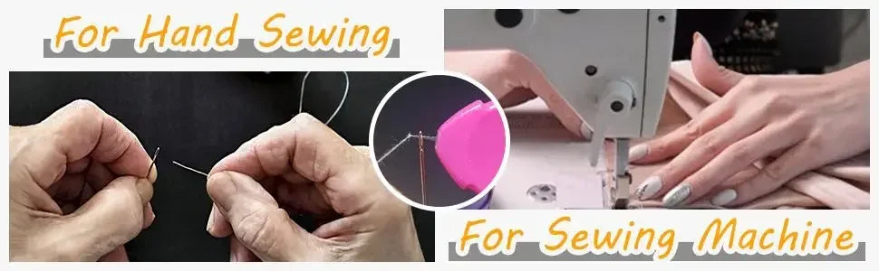 Hands demonstrate using a precision needle threader set for hand sewing and sewing machine work.