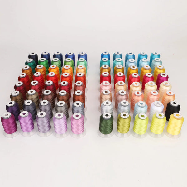 A collection of 80 spools of premium polyester embroidery thread in various colors arranged in rows.