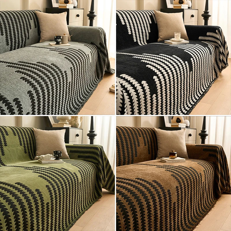 A collection of textured sofa covers featuring black and white herringbone patterns in various shades of gray, olive green, a