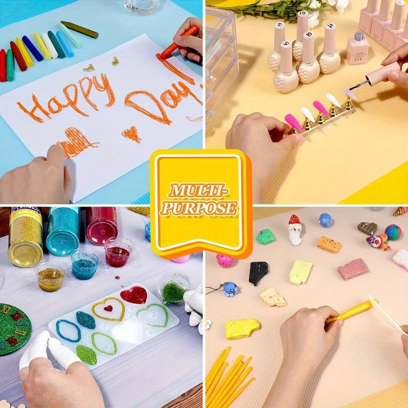 Hands crafting colorful silicone beads and clay on a mat for multi-purpose projects.
