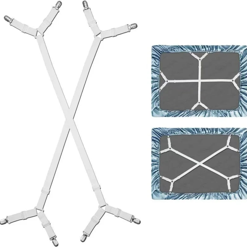 Two adjustable crisscross bed sheet clips, one silver and one blue, for secure holding.
