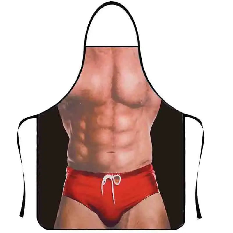 A muscular torso is shown wearing a black apron, highlighting abdominal muscles.