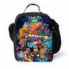 A black cartoon Roblox themed crossbody lunch bag featuring colorful graphics and characters.