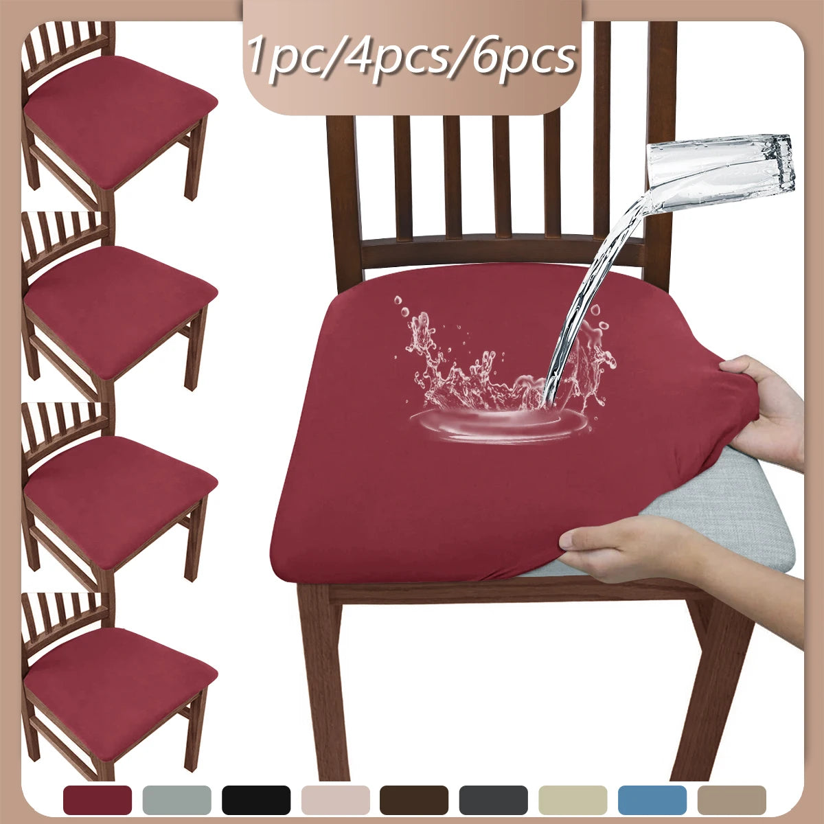 A maroon elastic bench cover is shown being used on a wooden chair, demonstrating its anti-spill feature.