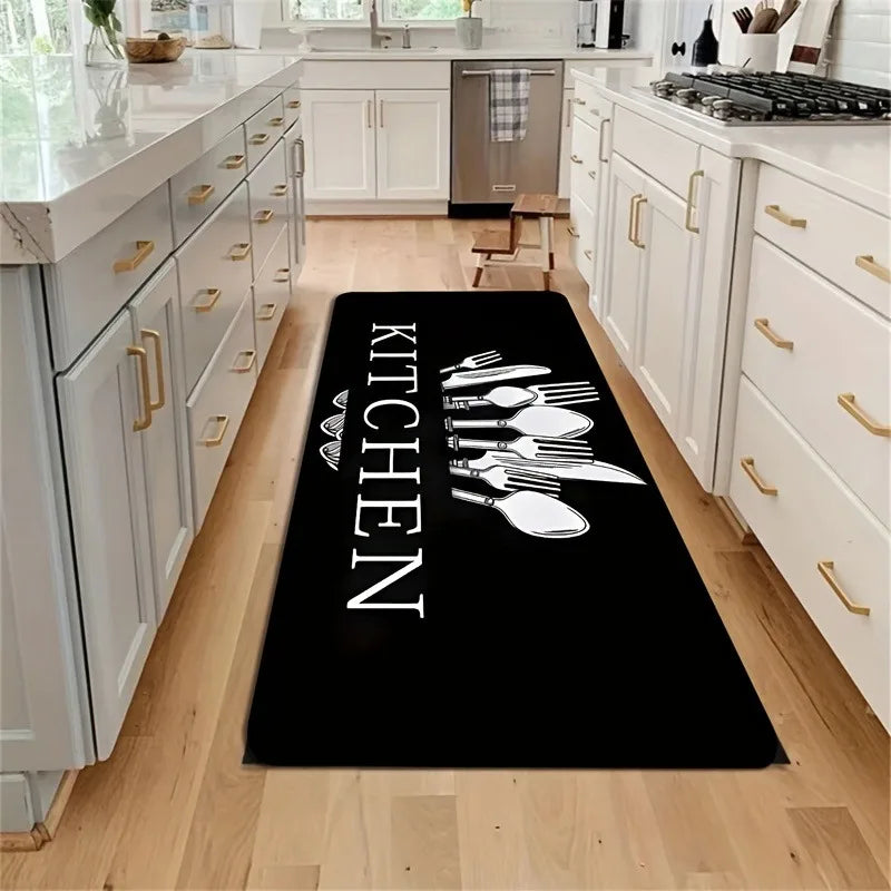 A black non-slip kitchen mat featuring white silhouette illustrations of various kitchen utensils on a light wood floor.