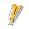 A silver bias tape maker set with a yellow awl tool for sewing and quilting.