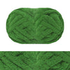 A close-up view of a hand-knitted wool finger line scarf in a textured, mossy green color.