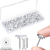 A clear plastic box holds a pack of transparent round head push pins with a 10mm diameter.