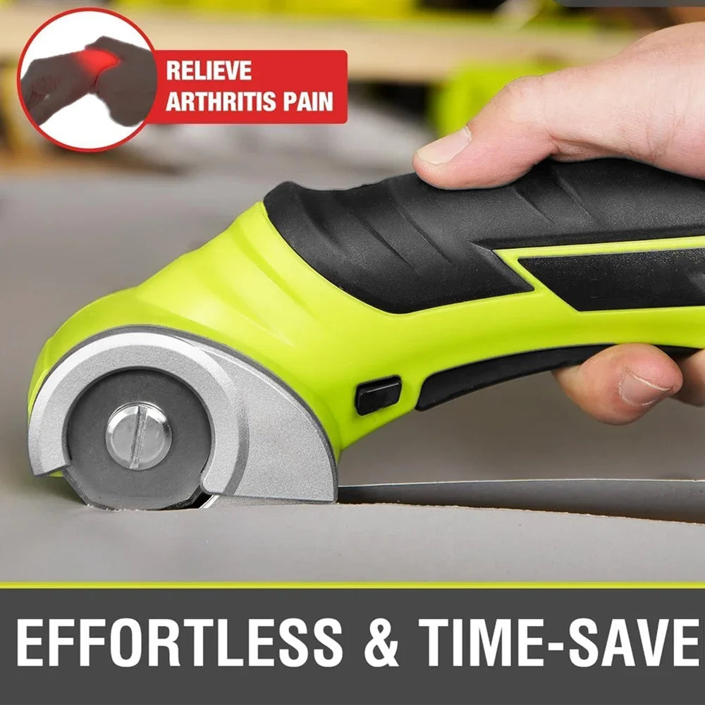 A hand holds a bright lime green cordless electric rotary cutter, designed to relieve arthritis pain.