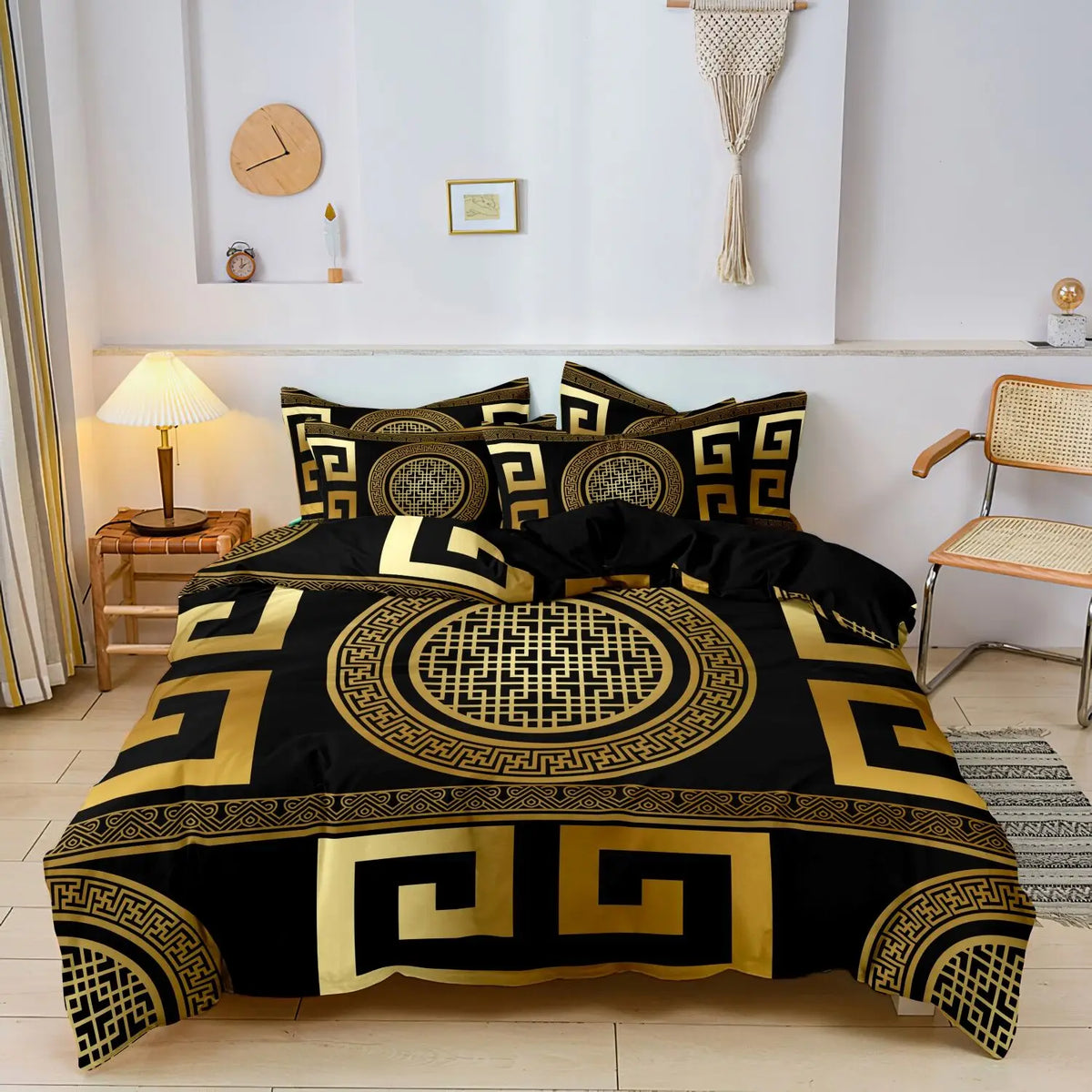 A black and gold geometric duvet cover set featuring intricate maze patterns on a bed.