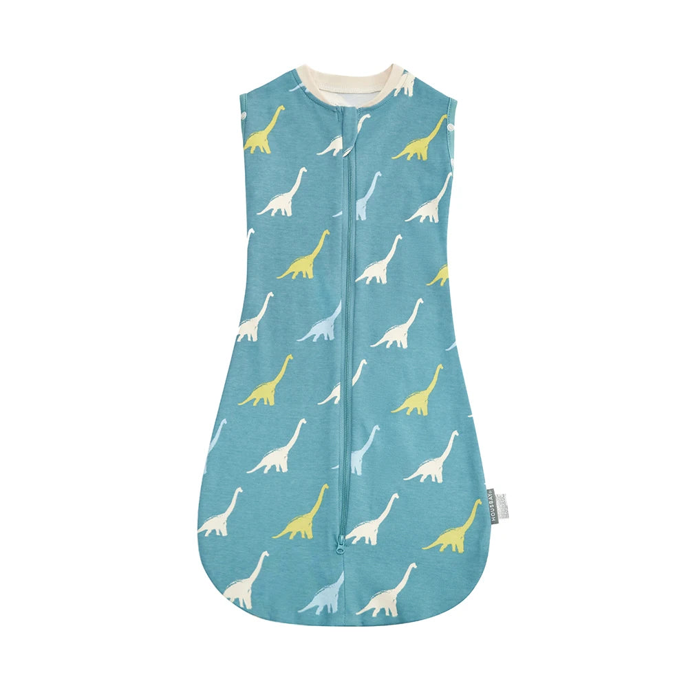 A light blue baby sleeping bag featuring yellow and white dinosaur patterns.