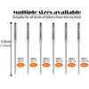 A set of multiple sizes of sewing machine needles with varying thicknesses available for different fabrics.