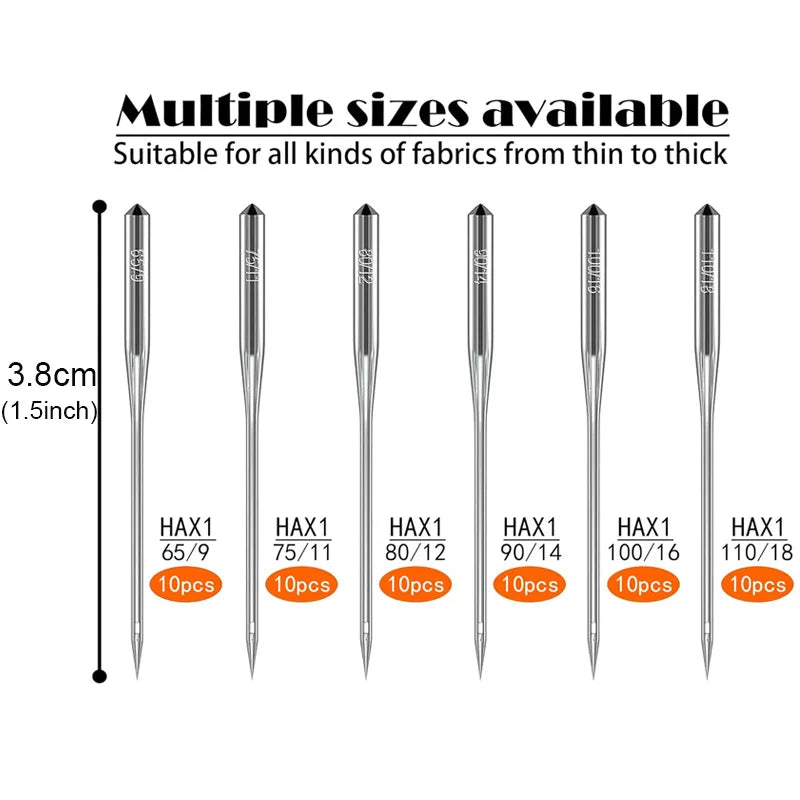 A set of multiple sizes of sewing machine needles with varying thicknesses available for different fabrics.