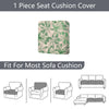 A single floral outdoor sofa cushion cover is shown with various sofa cushions for size comparison.