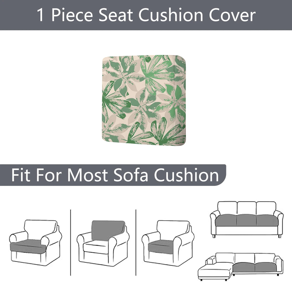 A single floral outdoor sofa cushion cover is shown with various sofa cushions for size comparison.