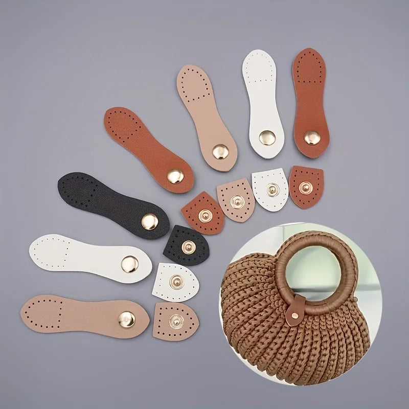 A set of eight handmade leather bag buttons in various shades of tan, brown, and white are displayed on a gray background.