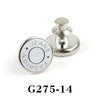 Silver adjustable button pin with a round face engraved with JEANS FASHION
