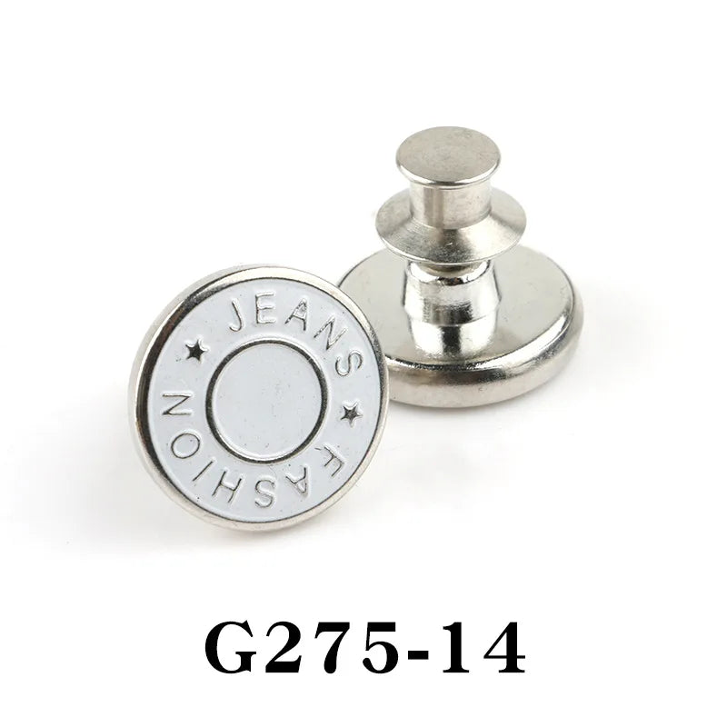 Silver adjustable button pin with a round face engraved with JEANS FASHION