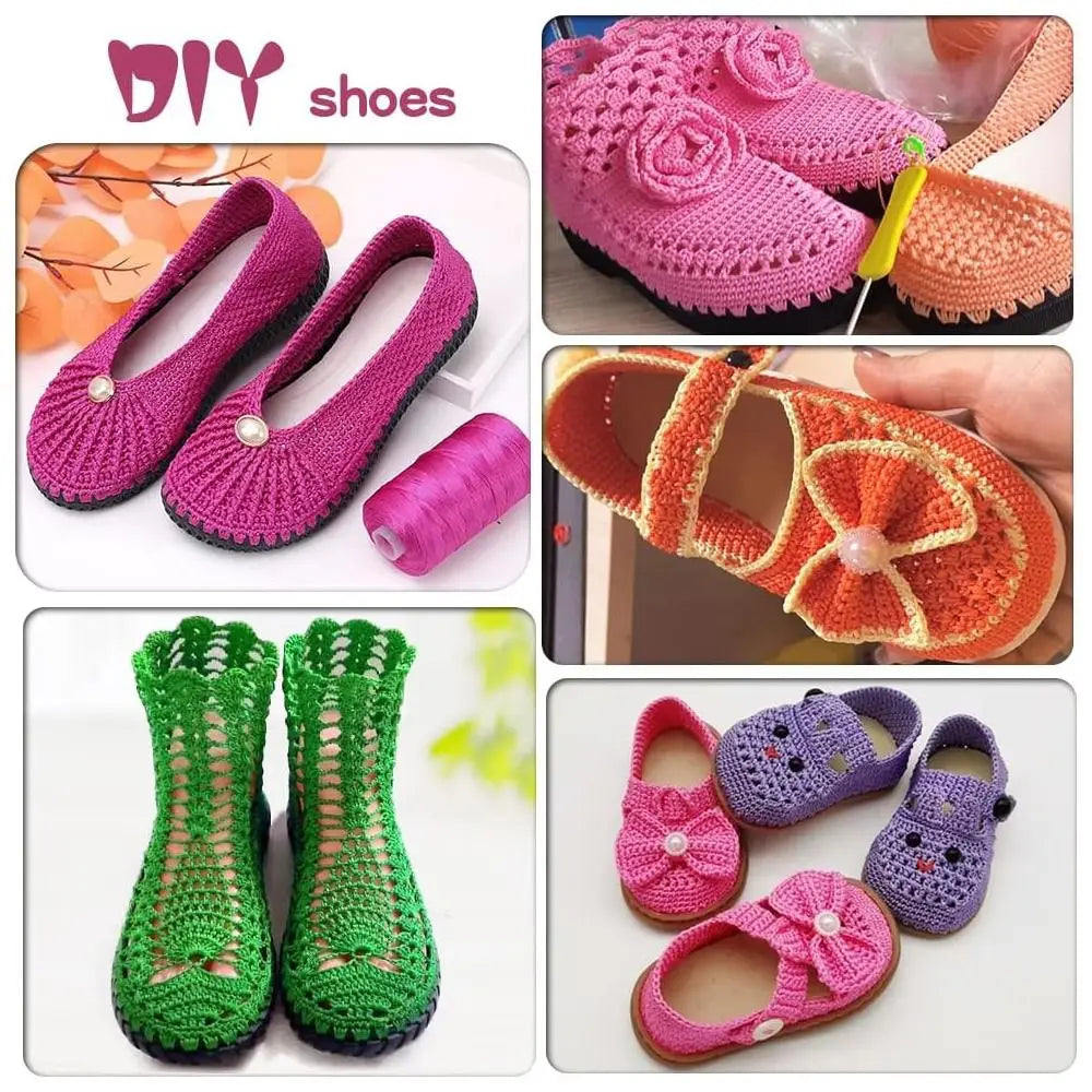 Various pink, orange, and green crocheted shoes and accessories made from cotton silk thread for knitting and crafting