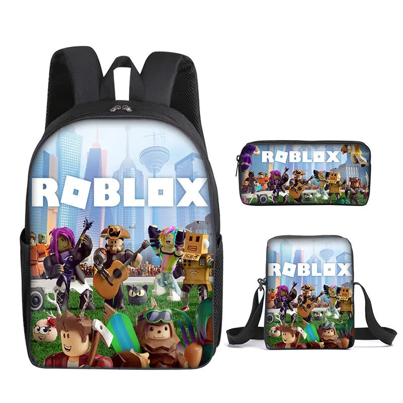 A black backpack featuring various Roblox characters and graphics on the front and a matching laptop sleeve.