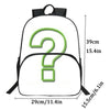 A white backpack with a large green question mark design and black straps.