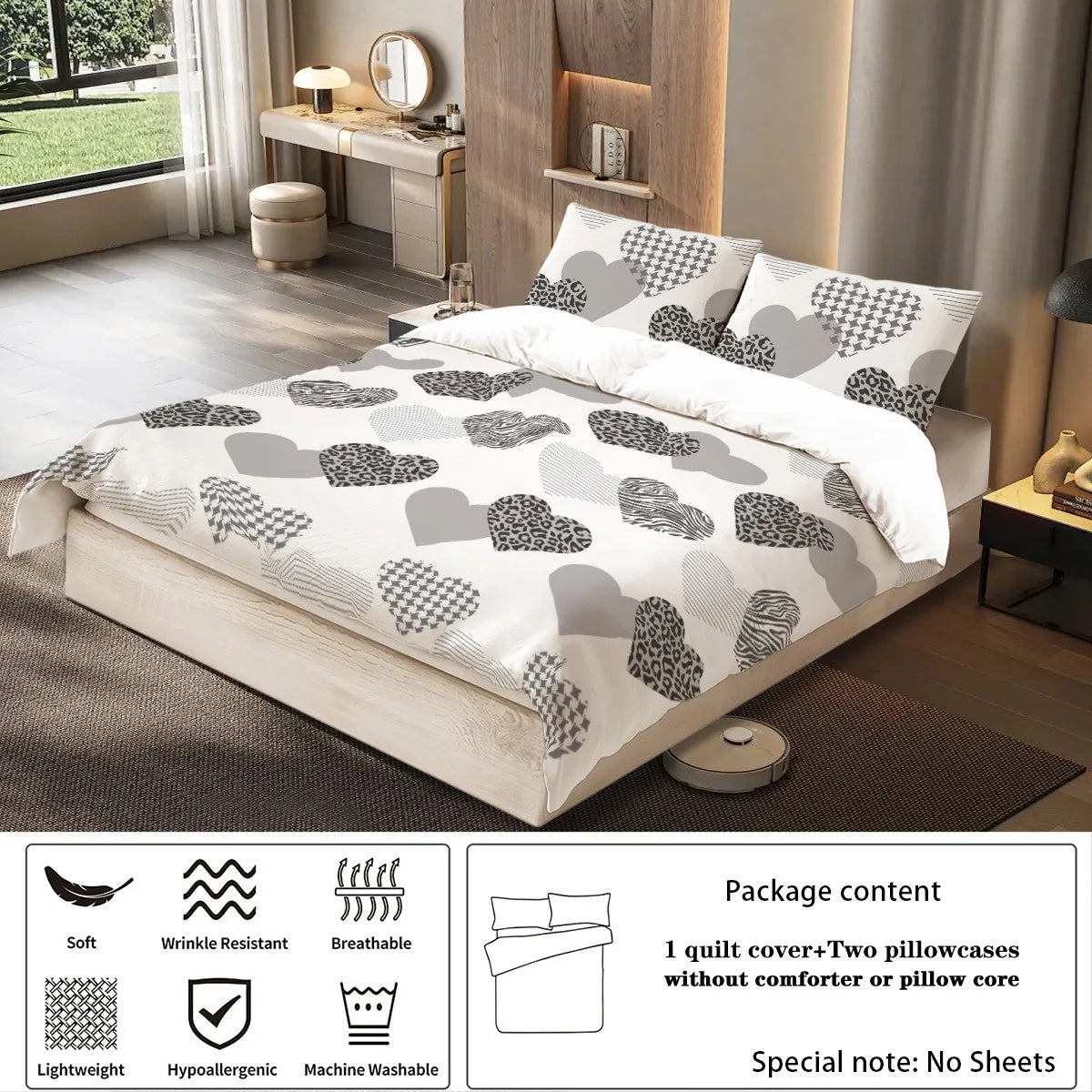 A luxury 3-piece comforter set featuring a light gray and white patterned duvet cover displayed on a bed.