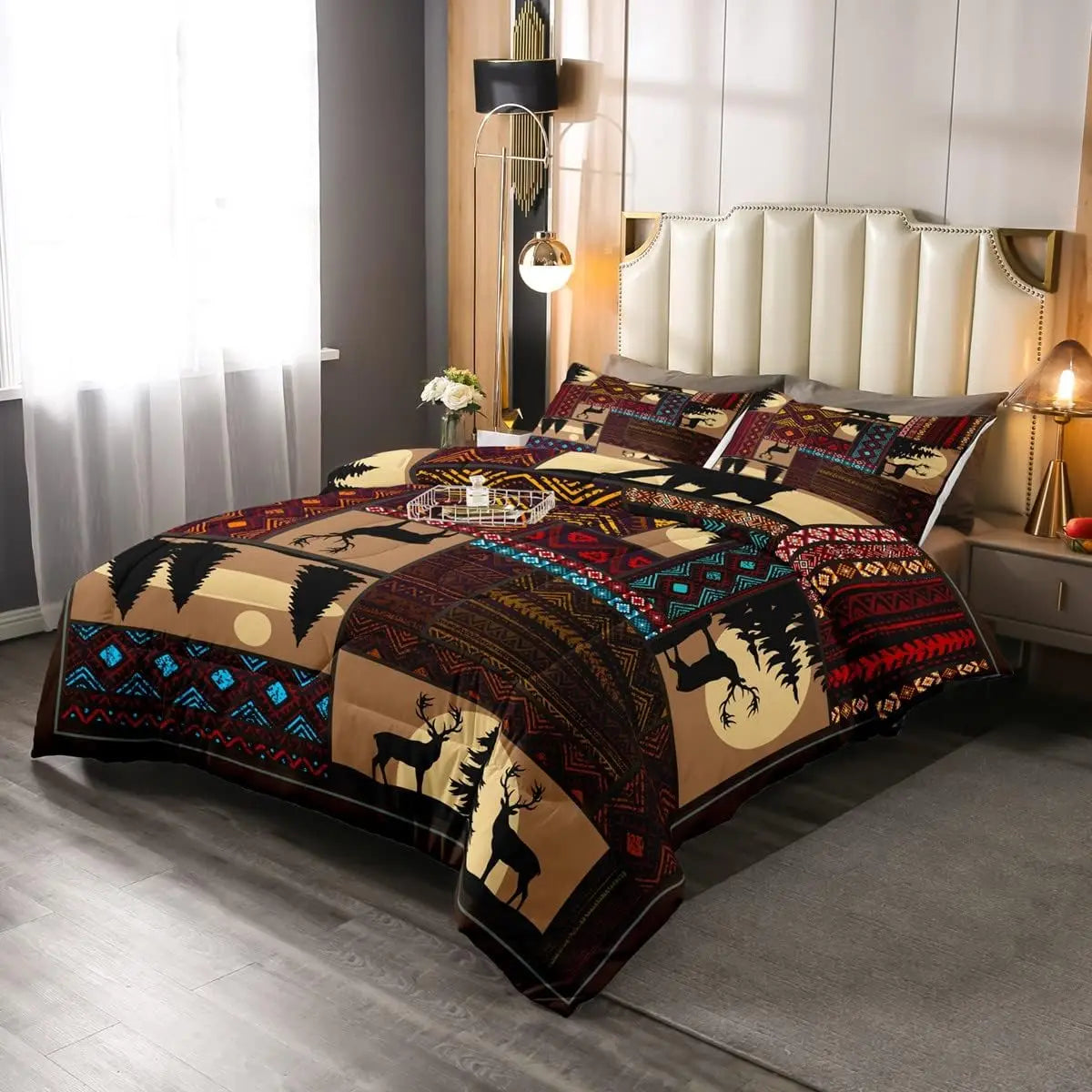 A boho Aztec western duvet cover set displayed on a bed with light wood and neutral tones.