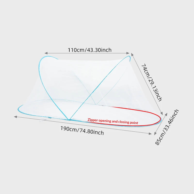A portable mosquito net is shown in a translucent white fabric, displaying its dimensions.