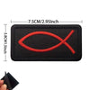 Black embroidered patch featuring a red cross design on a fabric background