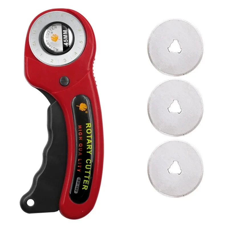 A red rotary cutter tool with a black handle and three interchangeable blades is shown.