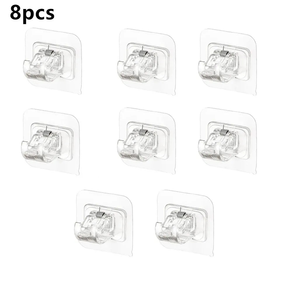 Eight self-adhesive curtain rod clips designed for mounting on windows and walls.