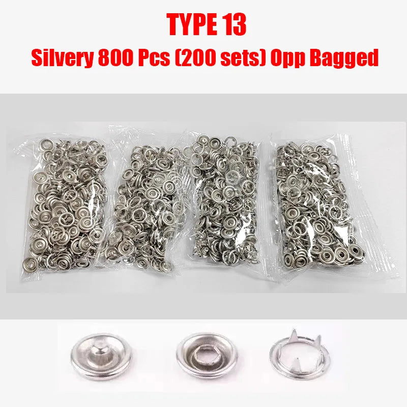 Silvery 800 pieces of Type 13 Opp Bagged metal prong snap button fasteners