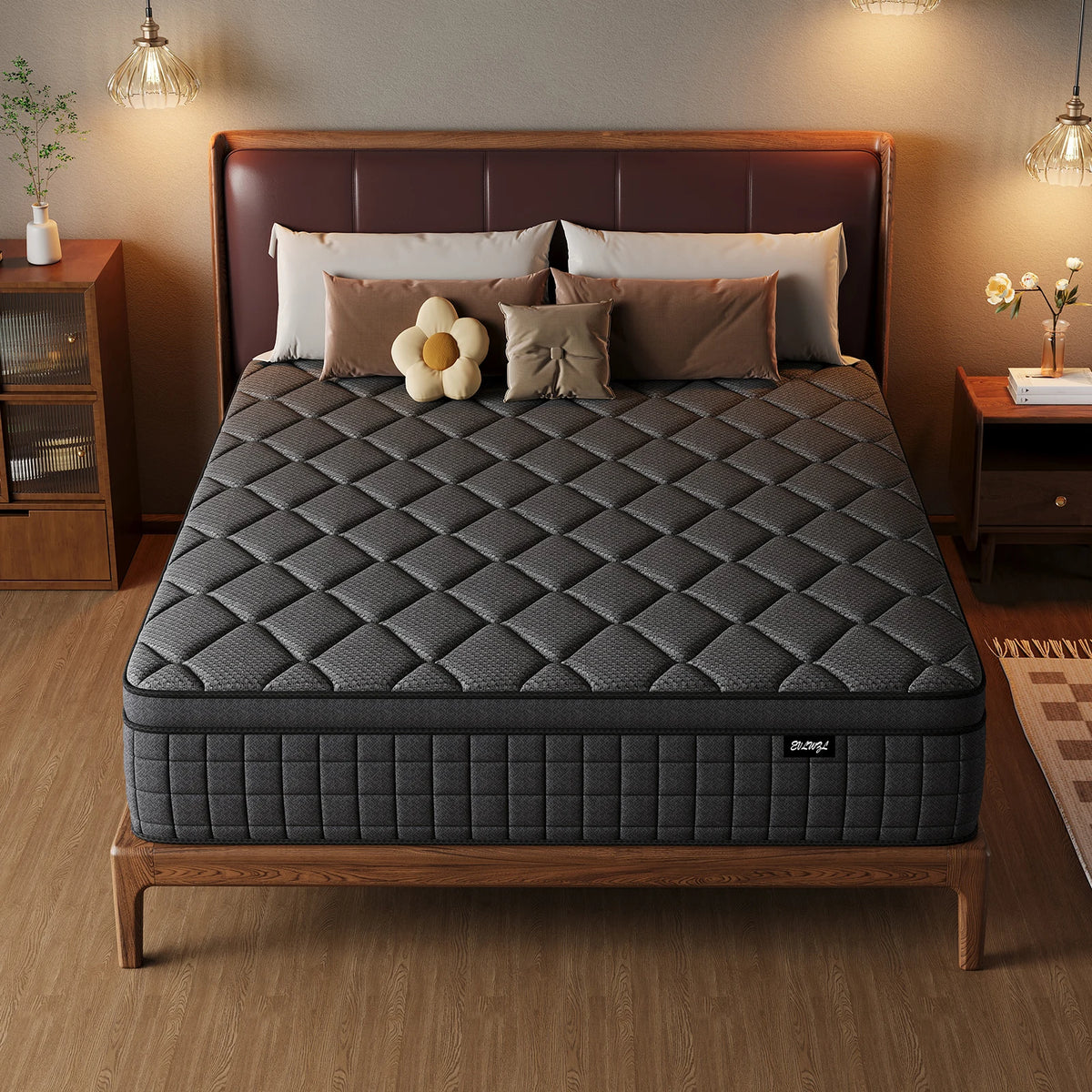 A dark gray hybrid memory foam and pocket spring mattress displayed on a wooden bed frame with neutral bedding.