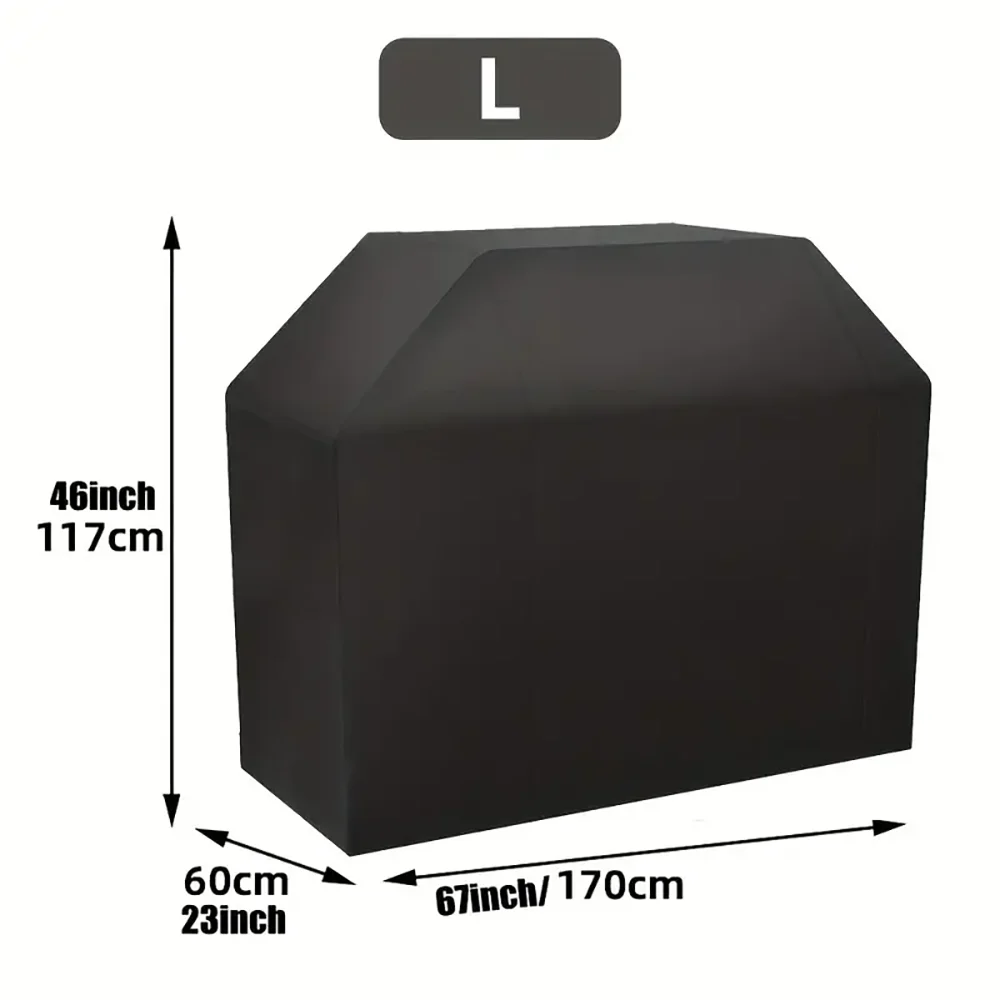 A black heavy-duty BBQ grill cover shown with dimensions of 46 inches high and 67 inches long.