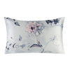 A square silk pillowcase with a light blue and pink floral print featuring peonies and leaves.