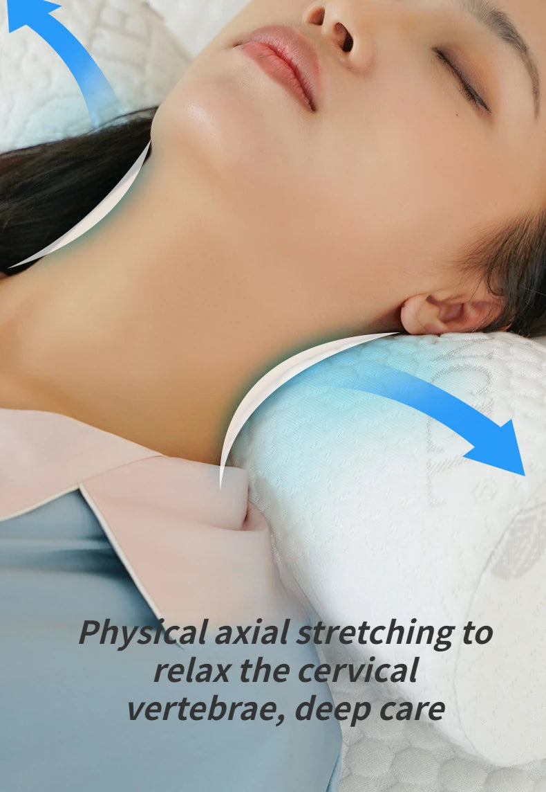 A woman is performing physical axial stretching to relax the cervical vertebrae using a memory foam neck roll pillow.
