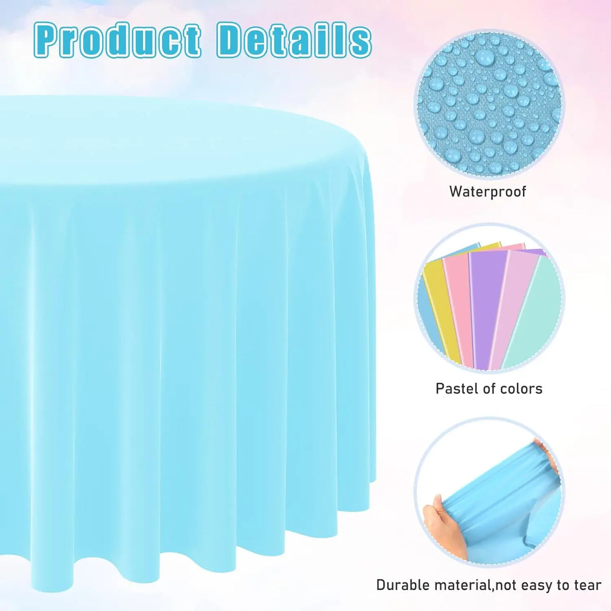 Light blue round plastic disposable table cover with waterproof texture and pastel colors