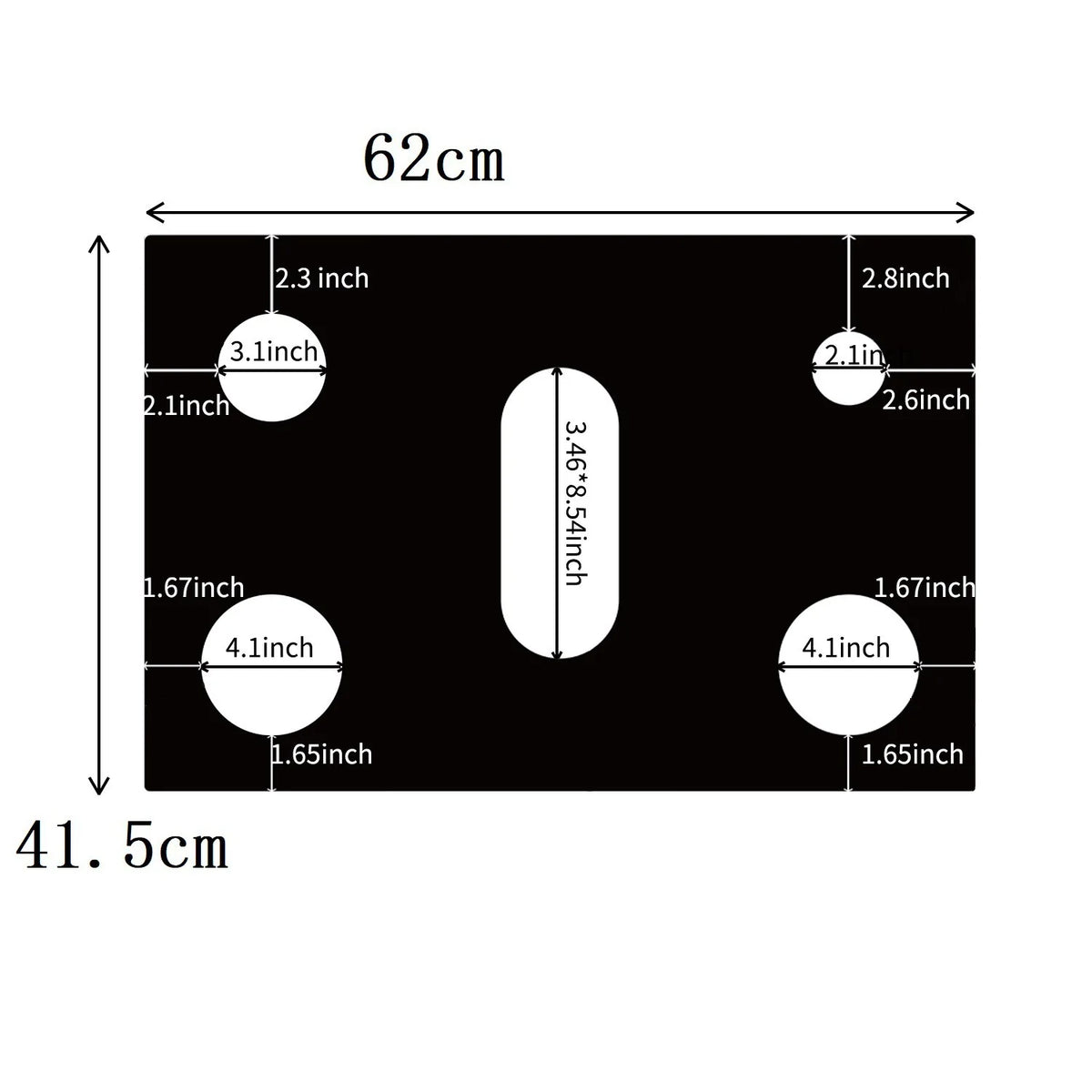A black rectangular liner with various sized circular cutouts for a reusable gas stove protector.