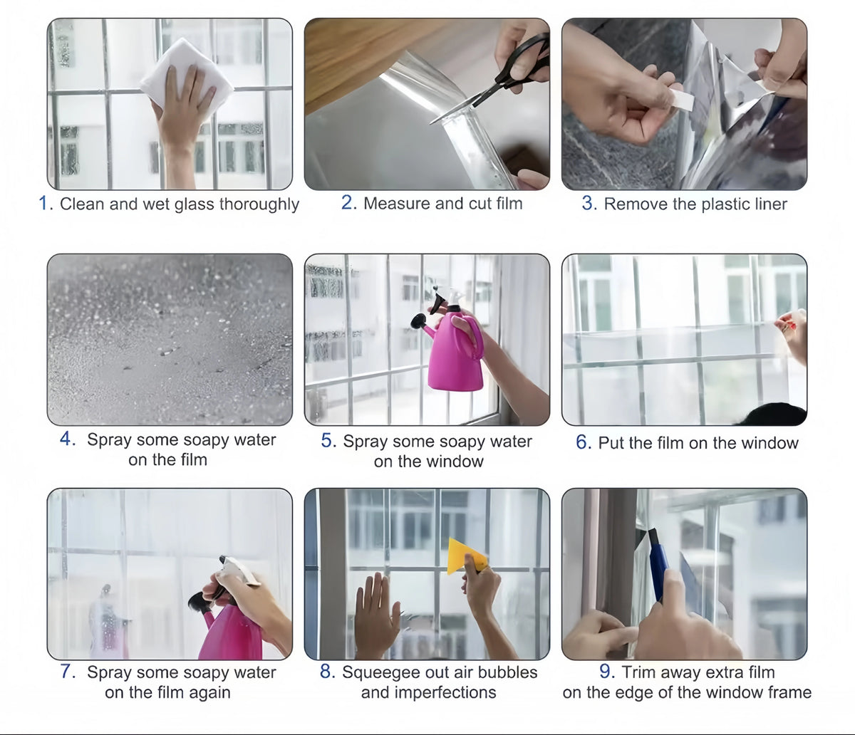 A nine-step process showing how to clean, measure, cut, and apply window film for privacy and heat control.