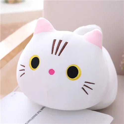 A white soft cat plush pillow cushion with pink accents and black details.