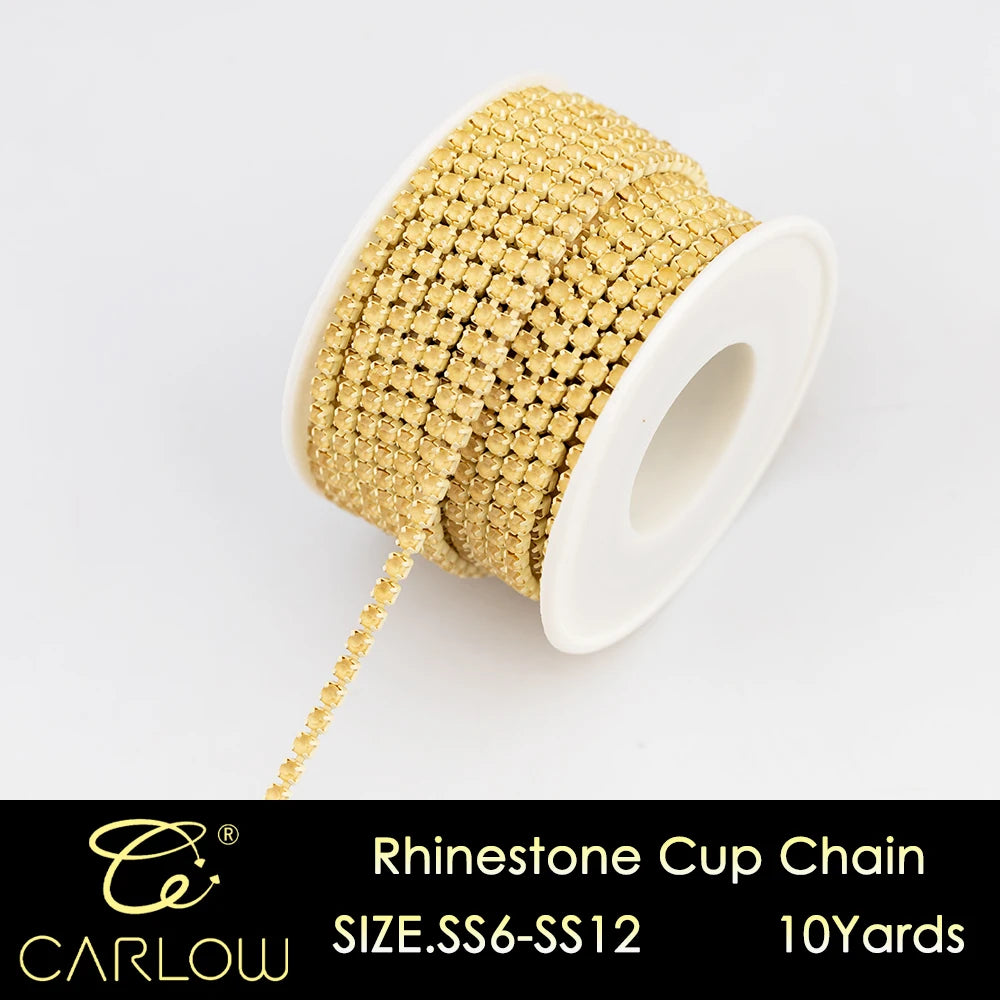 A spool of gold rhinestone cup chain jewelry, 10 yards long.