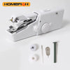 A white compact handheld electric sewing machine with various accessories laid out on a white surface.
