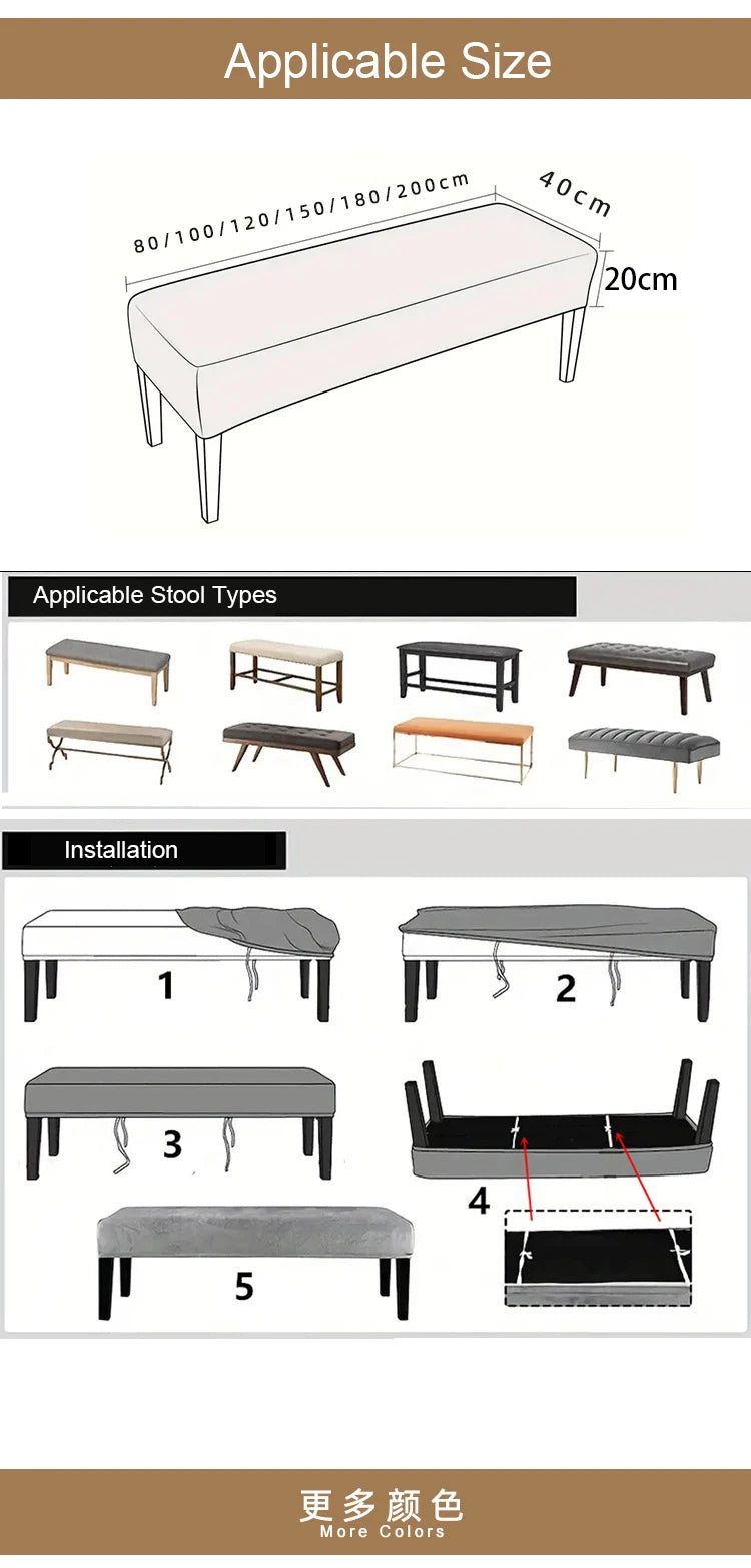 Diagrams showing applicable sizes, stool types, and installation steps for waterproof stretch dining bench covers.