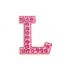 A pink rhinestone letter L patch used for DIY projects.