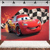 A red cartoon race car with blue eyes is featured against a checkered flag backdrop on a red surface.