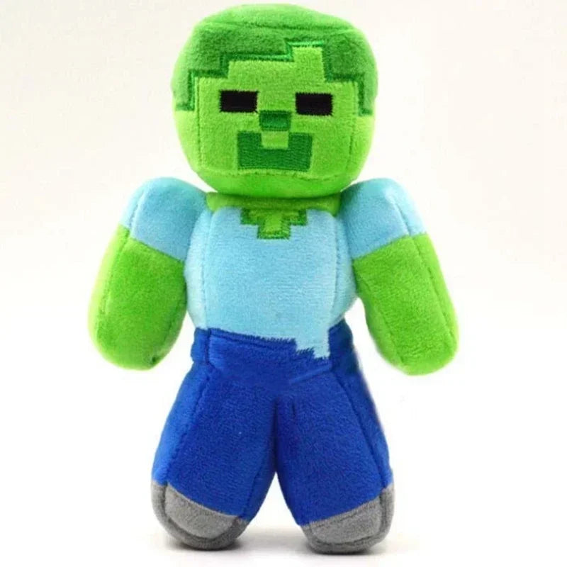 A plush toy resembling a green dragon with black eyes and blue body and purple legs.