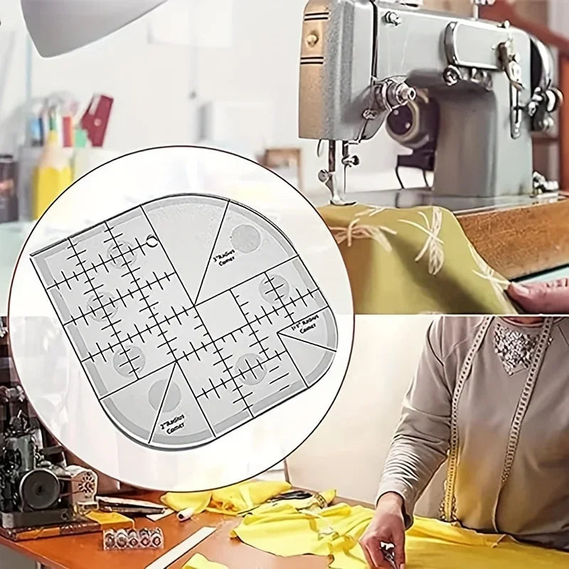 An acrylic quilting ruler with corner templates is shown next to a sewing machine and fabric.