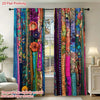 A pair of multi-layer patchwork curtains featuring vibrant digital prints in various jewel tones and floral patterns.